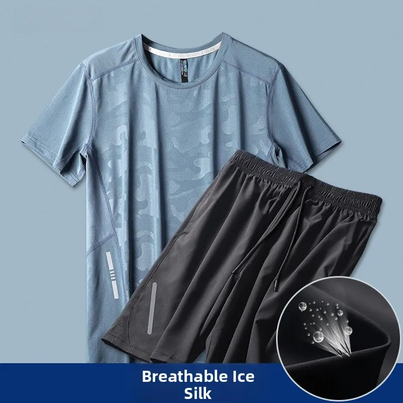 

Casual Ice Silk Sports Suit for Men Summer Thin ort Sve T-irt And orts Loose Two-Piece Set Running Fitn Exercise