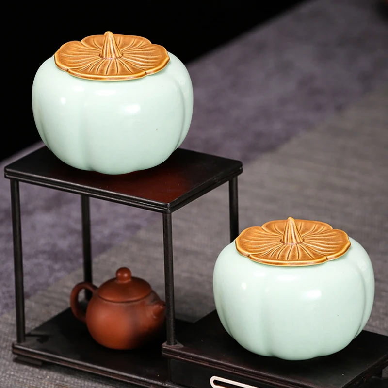 Ceramic Tea Canister, Portable Moisture Resistant Sealed Canister, Persimmon and Cucumber Type Ashtray Jar