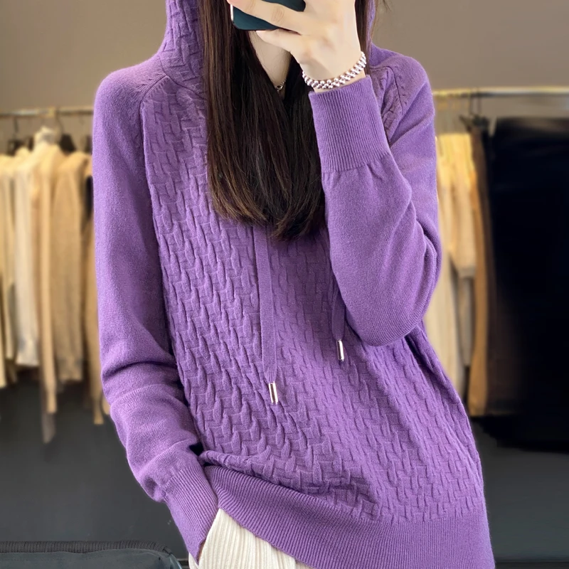 Women New Wool Blend Sweater Outwear Shirt Hooded Collar Carving Pullover Autumn Winter Bottoming Casual Warm Knitting Top