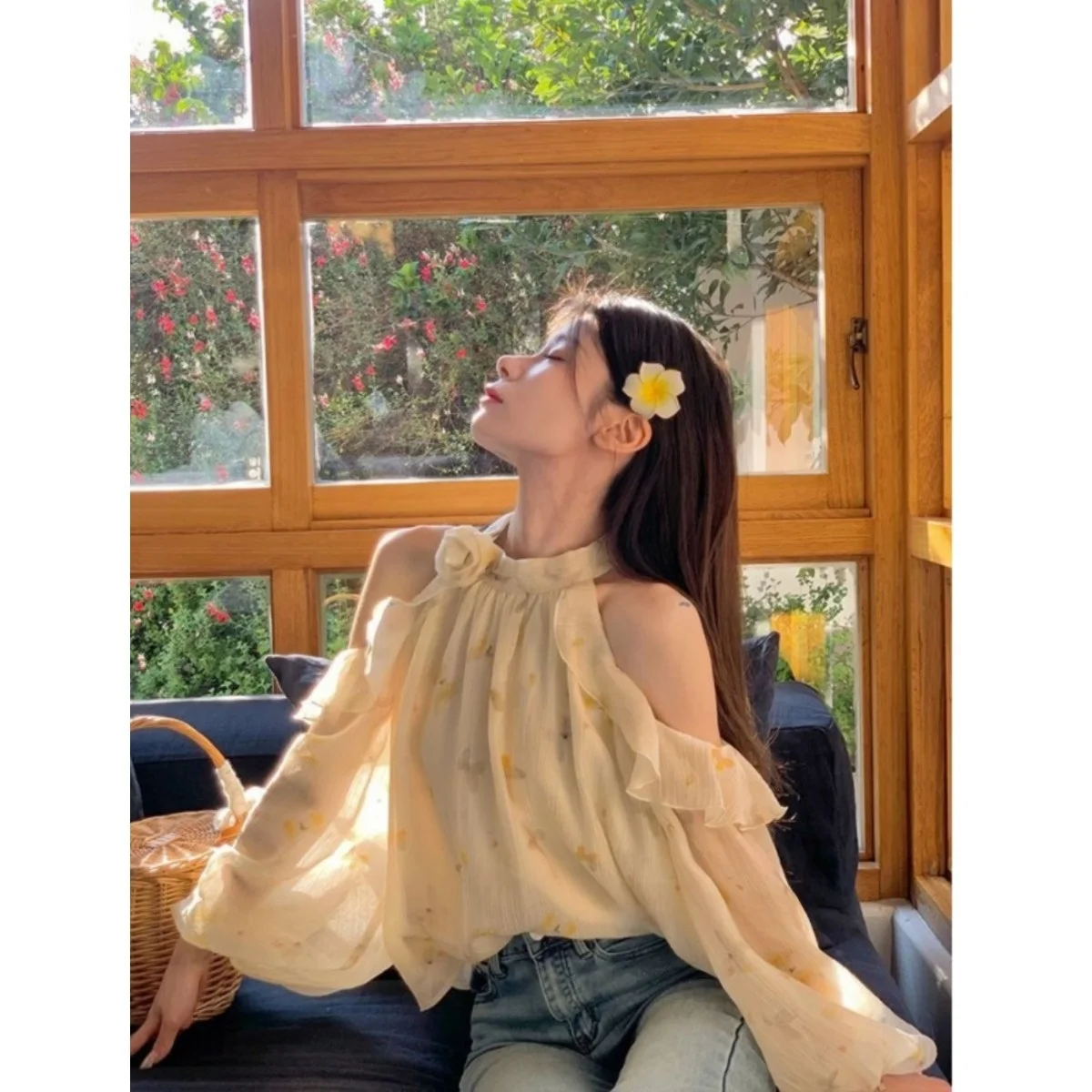 

Шикарный весенний цветочный топ на шнуровке с овальными плечами Све irt, женский корейский свободный крой, длинный солнцезащитный топ све