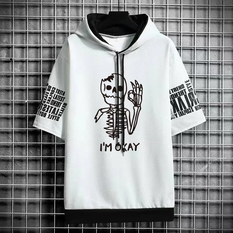 Short Sleeve Hoodies 2024 Summer Men Clothing Sweatshirts American Fashion Harajuku Men Streetwear Print Skulls Hoodies Men New