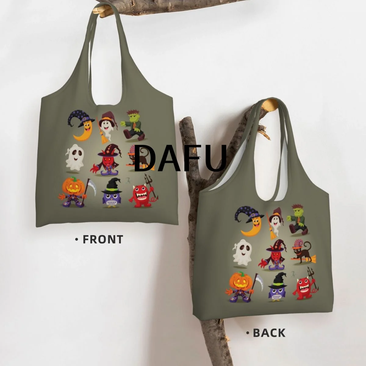 Funny Halloween Print Cotton Tote Bag - Casual Commuter Shoulder Bag for Work Grocery Shopping Trick or Treat