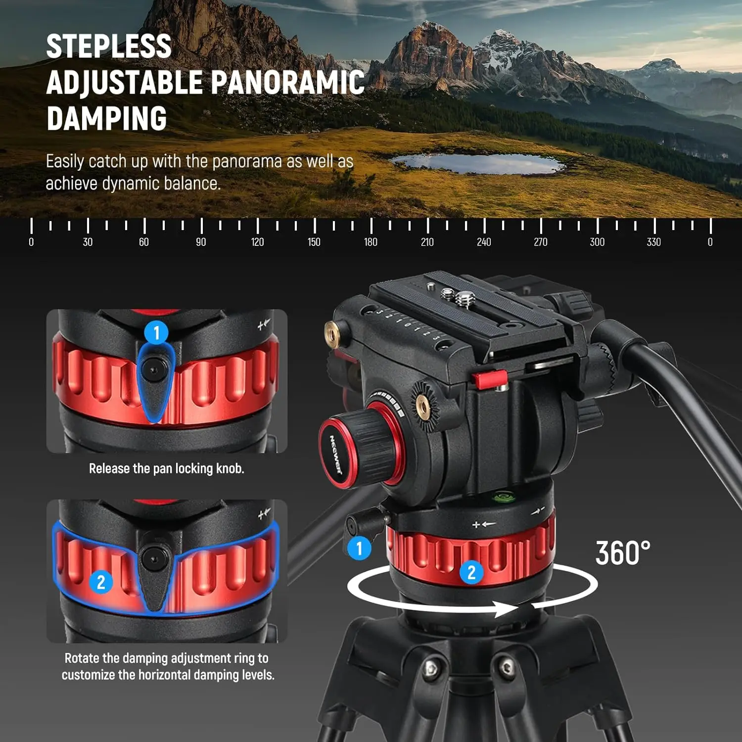 حامل ثلاثي للفيديو من NEEWER مقاس 74 بوصة مع رأس سائل تخميد قابل للتعديل، لوحة QR معدنية شديدة التحمل ذات وضع مزدوج #2