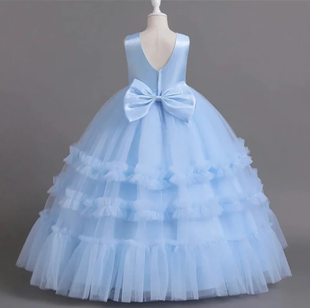 

Синее платье с цветочным узором для девочек, фатиновое платье без рукавов, структура, модное платье принцессы для банкета, детский подарок на день рождения, платья для первого причастия