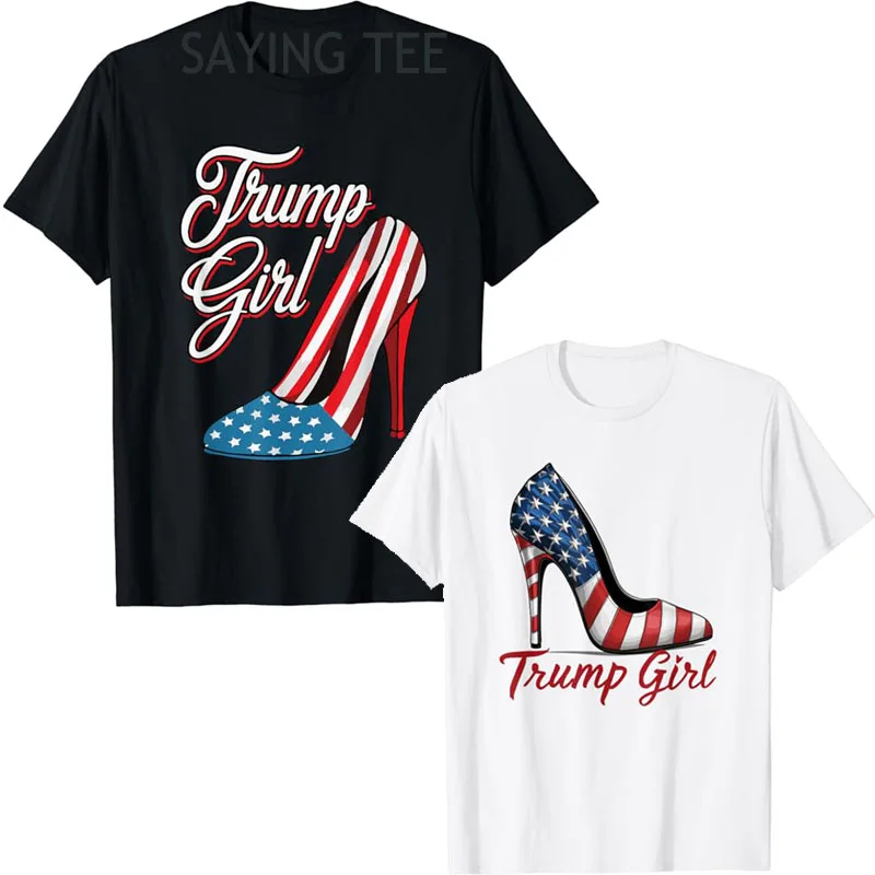 Trump Girl High Heel Stilettos American Flag Trump 2024 T-Shirt Women\'s Fashion Republican Graphic Saying Tee Short Sleeve Tops