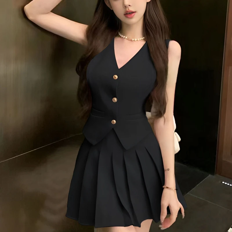 Sweet Temperament Two-piece Suit Women's Single-breasted Vest Top Pleated Skirt