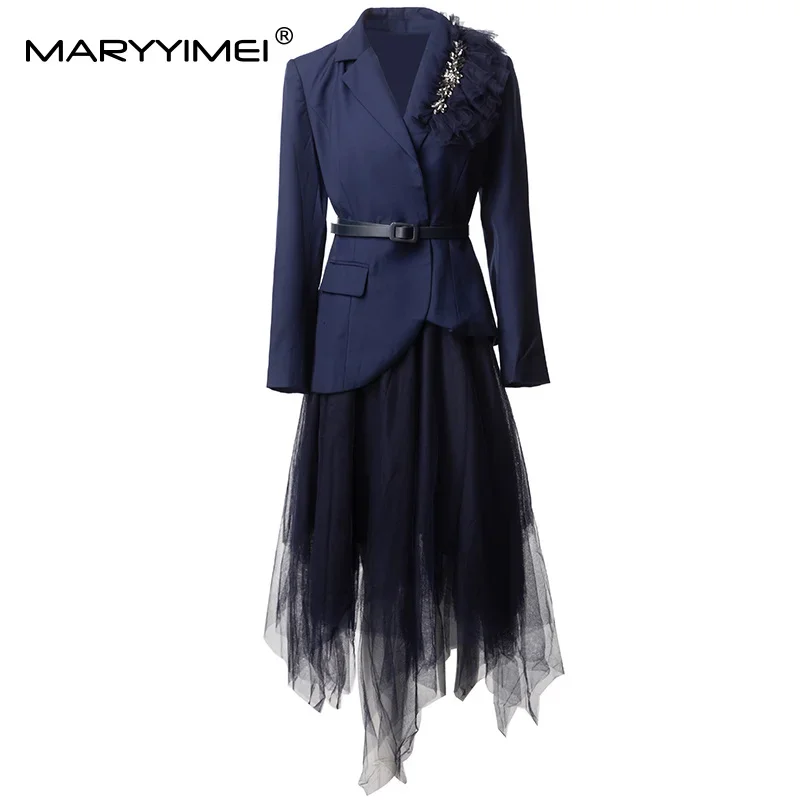 

Gedivoen Women's Elegant Commuter Suit Turn-Down Collar Crystal Long-Sleeved Coat+Mesh Elastic Waist Skirt 2-piece set