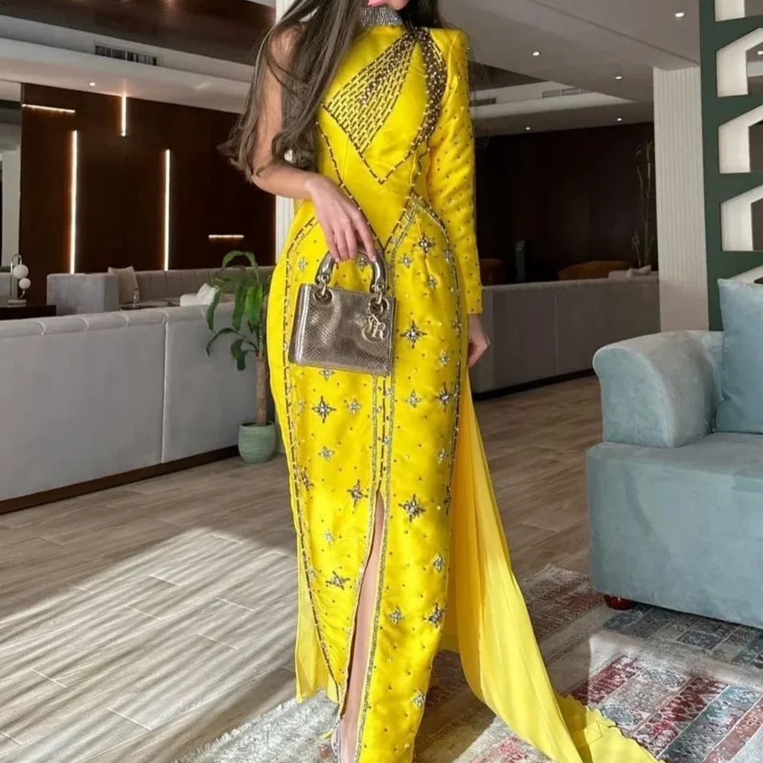 

Elegant Vintage Yellow Crystal Beaded Sequins Evening Party Gowns Mirror Dress One Shoulder Formal Occasion Prom Dress Customize