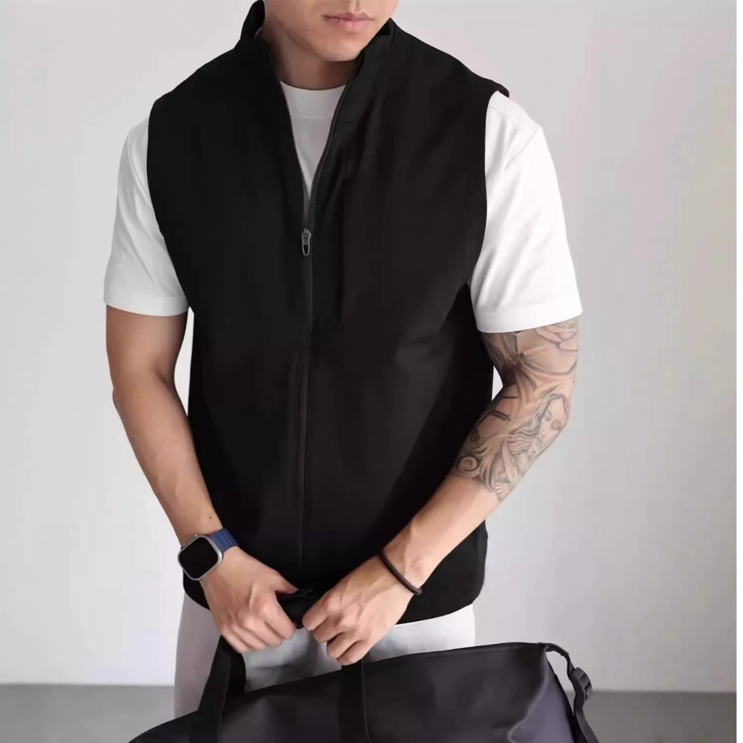 

Summer Large Size Zipper Sports Vest Men's Casual Outerwear Commuting Stand Collar Four-Sided Elasticity Youth Trend Polyeste...