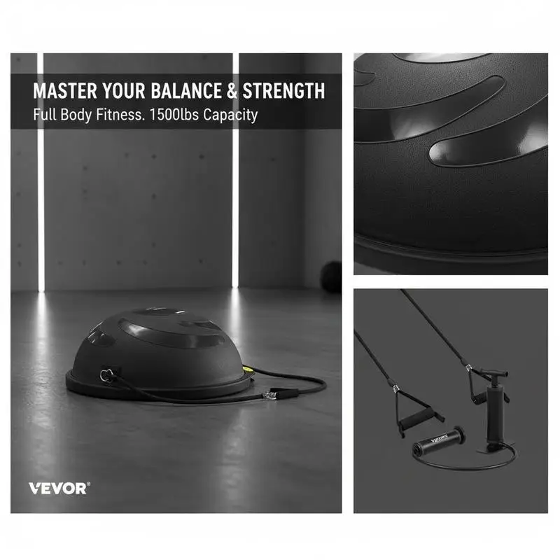 Semi-Sphere Balance Trainer 26 inch For Home Gym, Yoga Studio, Fitness Center, 1500lbs Capacity Stability Device Resistance Bands Foot Pump Workout Equipment Black