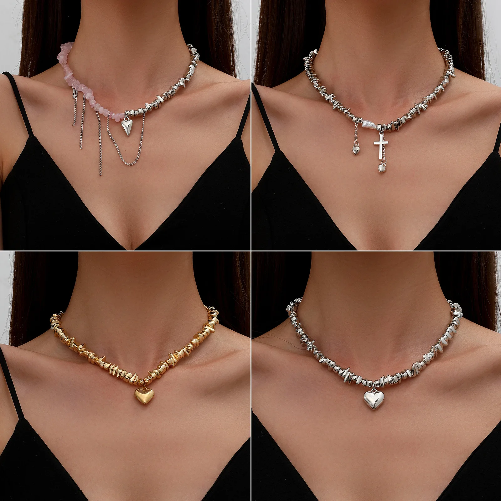 stainless steel necklace Creative silver coin mixed color Korean necklace fashionable fluid wrinkled irregular sweater chain