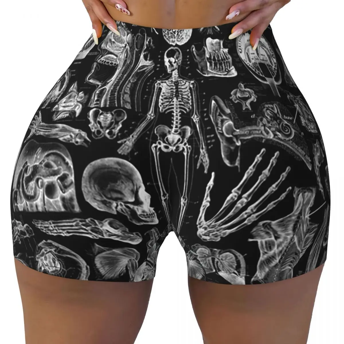Pantaloncini da yoga personalizzati con stampa nera di anatomia umana Pantaloncini da motociclista da pallavolo atletici per allenamento in palestra da donna