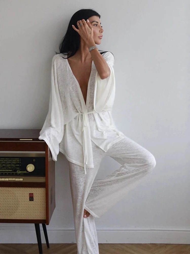 Loose Women's Lace Up Full Sleeve Long Pants Set Casual Female Open Top Wide Leg Pant 2026 Spring Summer Lady Solid Color Suit view 4