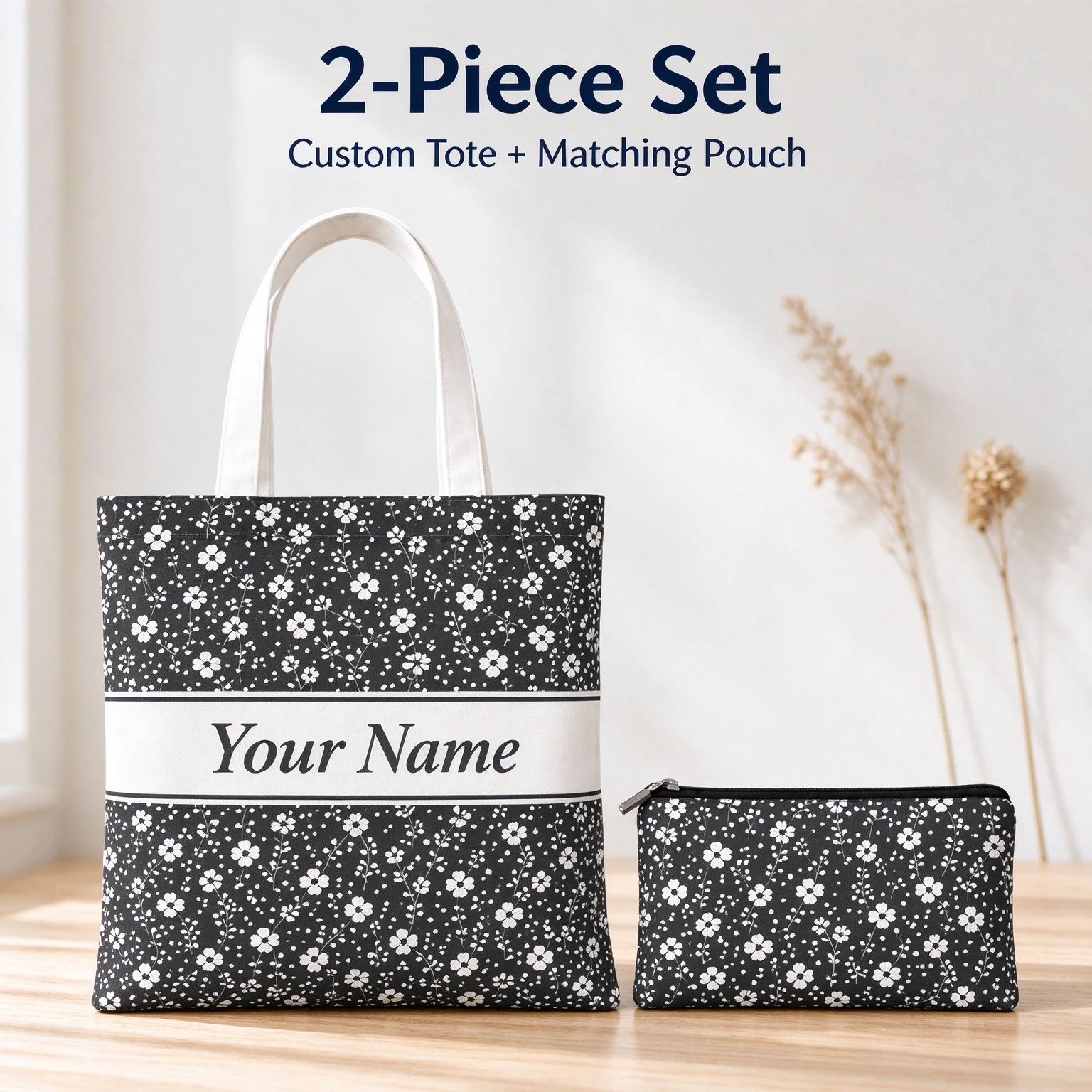 Personalized Canvas Tote Set Custom Name Black Mini Blossom Tote with Matching Zipper Pouch Women Reusable Shopping Handbag