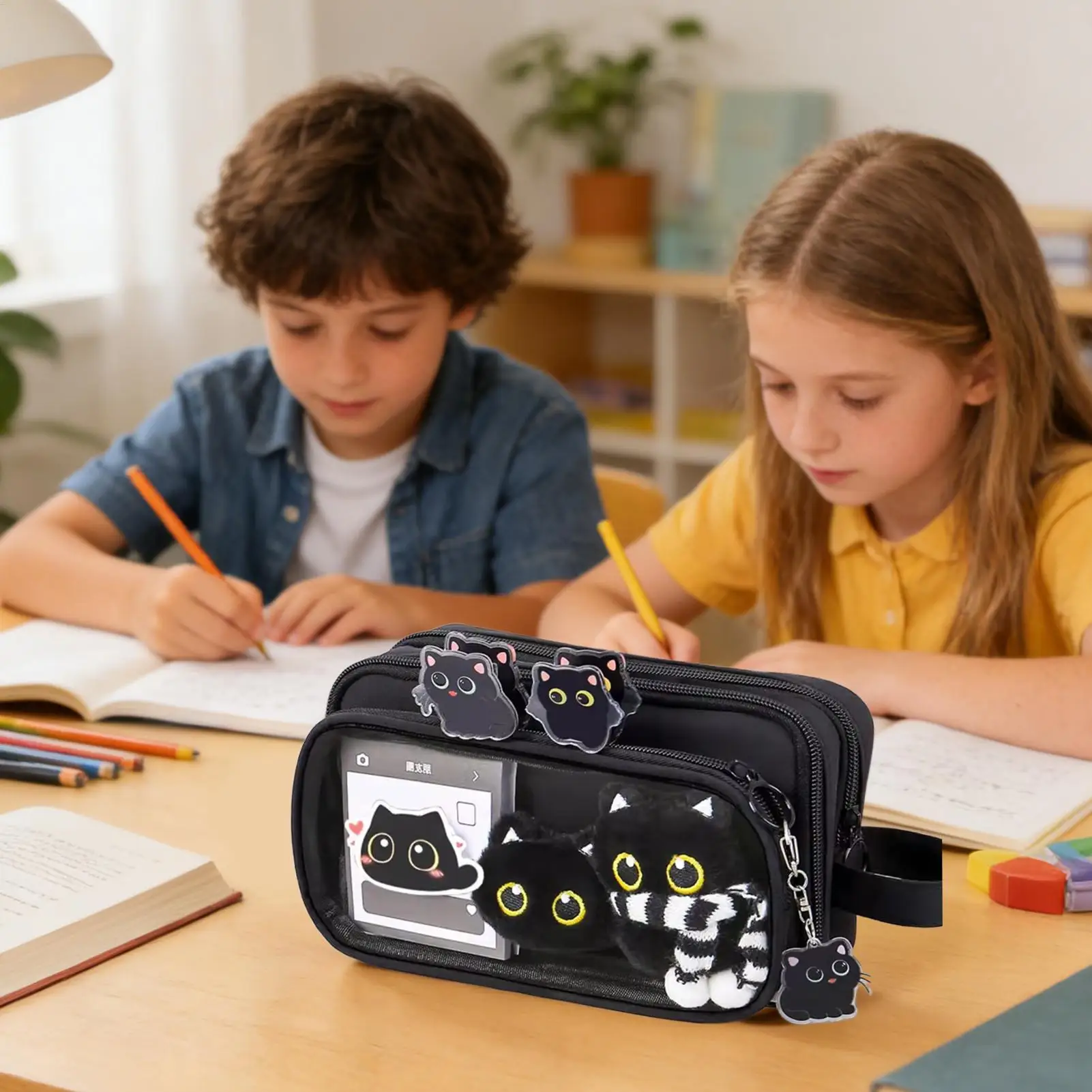 Black Cat Pencil Case Set Durable Stationery Organizer Bag Students Pencil Pouch With Stickers Clip For Marker School Supplies