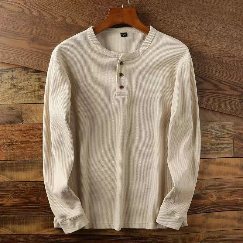 new Slim Fit Mens Basic Tee Casual Tshirts Henley Waffle Long Sleeve Shirts Thermal Solid Half Button Breathable Cotton Shirts