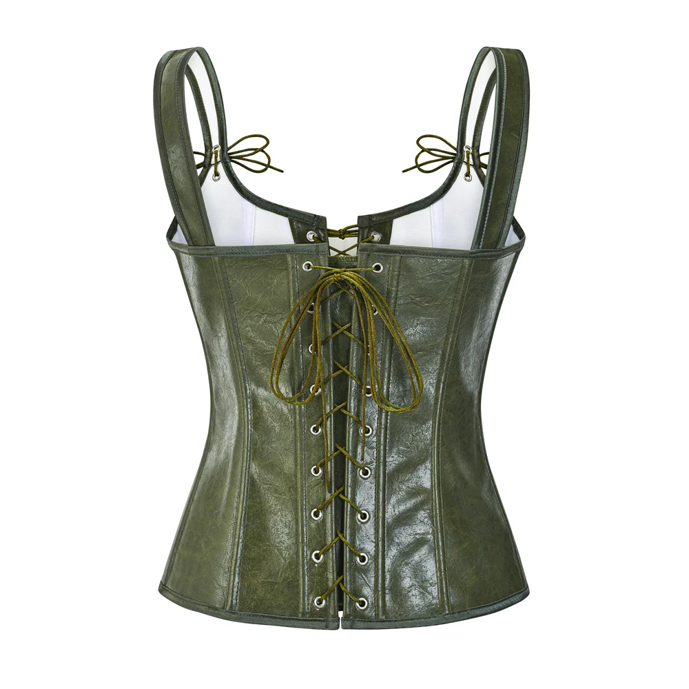 Green Leather Zipper Overbust Vintage Lace Up Corset Vest Women Gothic Clothing Steampunk Bustier Top Sexy Corselet Feminino