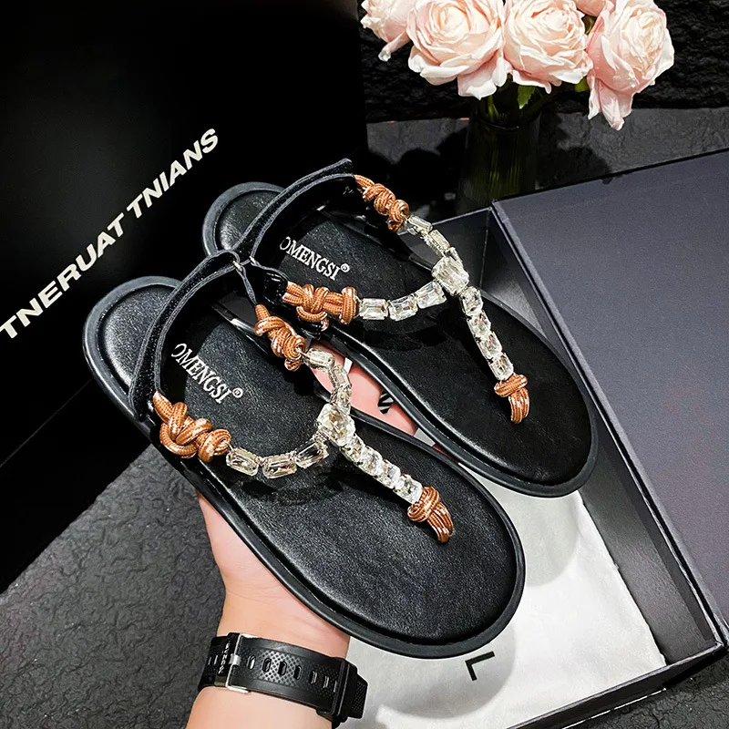 

Size34-40 Women Girls Fashion Diamon T-strap Knot Sandals Flip Flop Beach Shoes Ladies Summer Party Leisure Shoes Flats Sandal