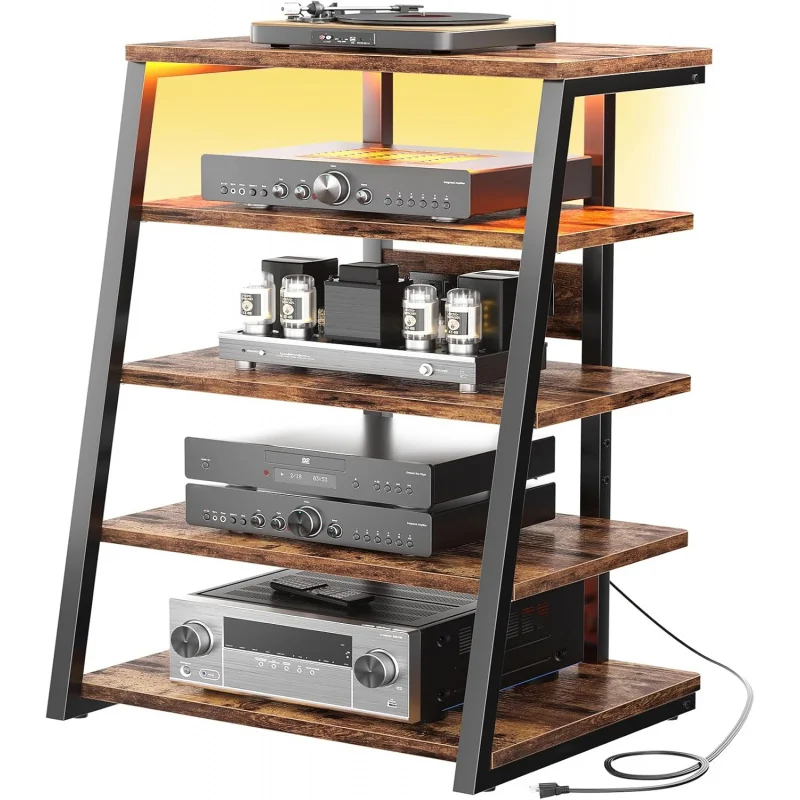 5-Tier AV Media Stand with Power Strips, Media Console with LED Lights, Audio Tower Rack with Adjustable Shelves, Stereo Stands