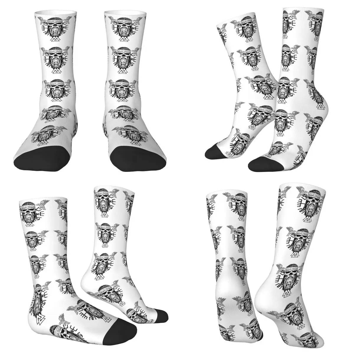 

Viking Skull With Beard Odin Knot And Vegvisir Odin's Ravens Hugin And Munin Socks Harajuku Stockings All Season Long Socks