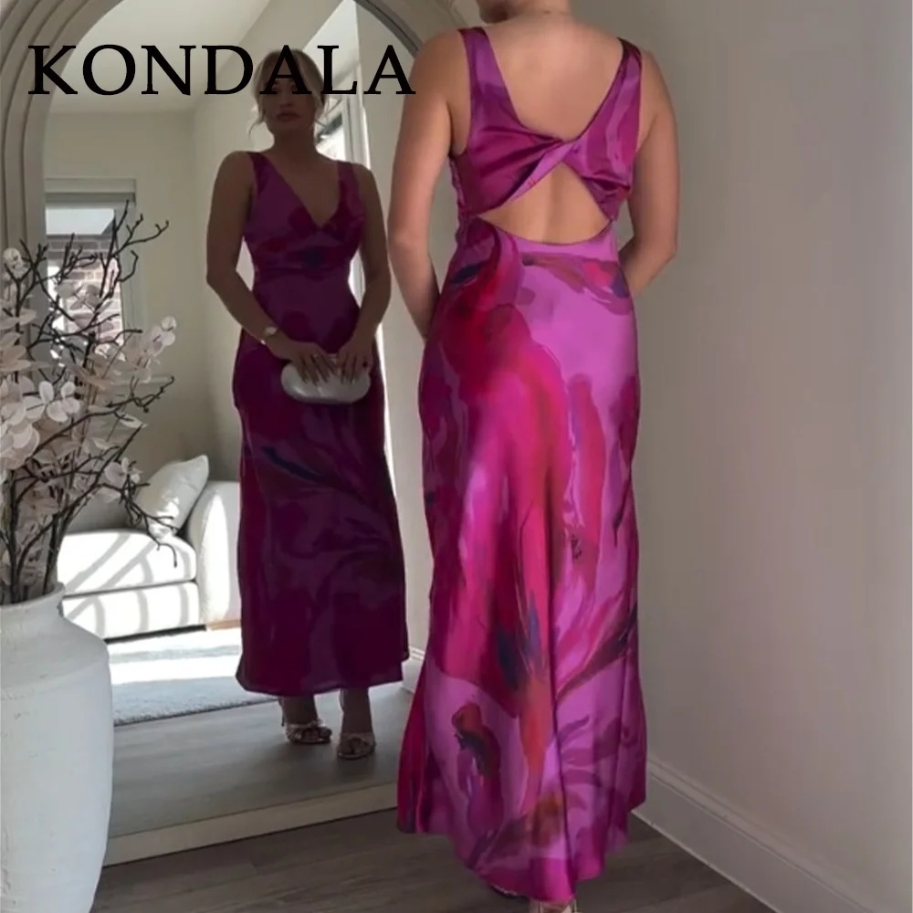 KONDALA 2025 春夏 エレガント レディース ワンピース ファッション プリント Vネック バックレス ノースリーブ ジッパー キャミ ストレート レディース ワンピース