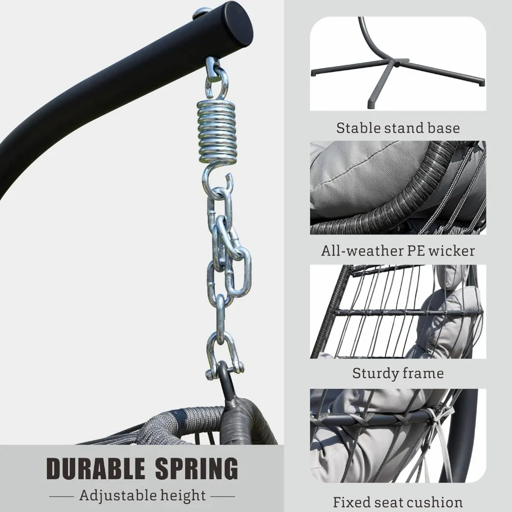 Cadeira de ovo suspensa com suporte Cadeira de vime, Almofada para o quarto, jardim, interior, exterior, pátio