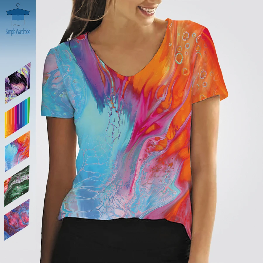 

Colorful Women's T-shirts Summer Artistic Liquid Hand Drawn 2023 New Fashion Fluid Painting 3D Printed V-neck Short Sleeve Tops