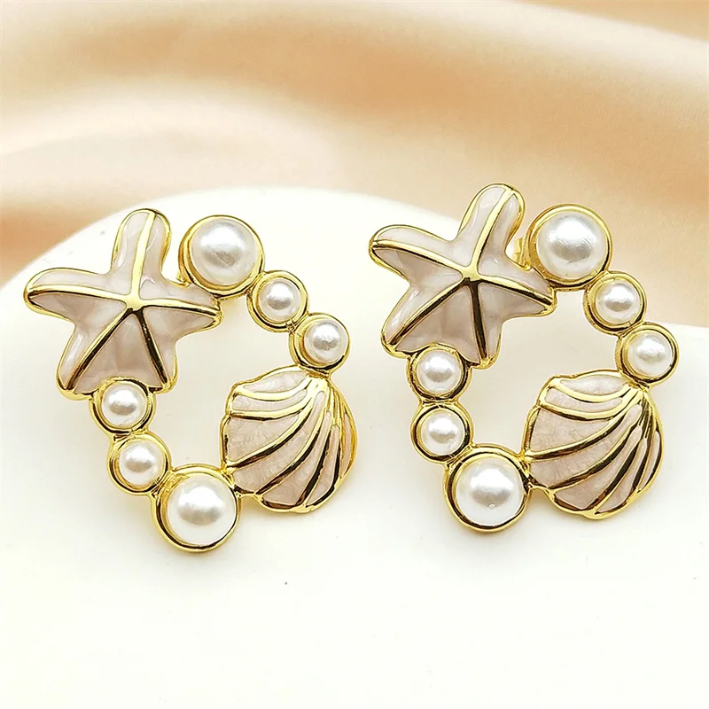 

Fashion Shell Starfish Stud Earrings for Women Gold Color Stainless Steel Imitation Pearls Summer Beach Hoop Earrings Jewelry