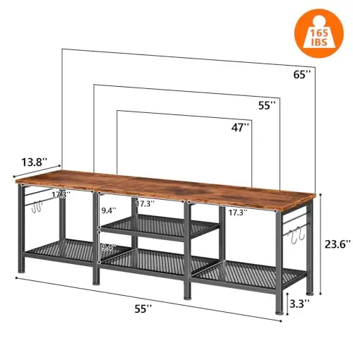 55 Inch TV Stand, Entertainment Center with Shelves, Rustic Brown | Media Console Table, Open Storage Shelves, 4 Hooks