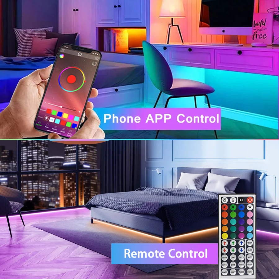 RGB LED Strip Lights 44-Key Remote, Sync to Music, Timer & App Control, Multiple Lighting Modes, USB Powered, Non-Waterproof, Co