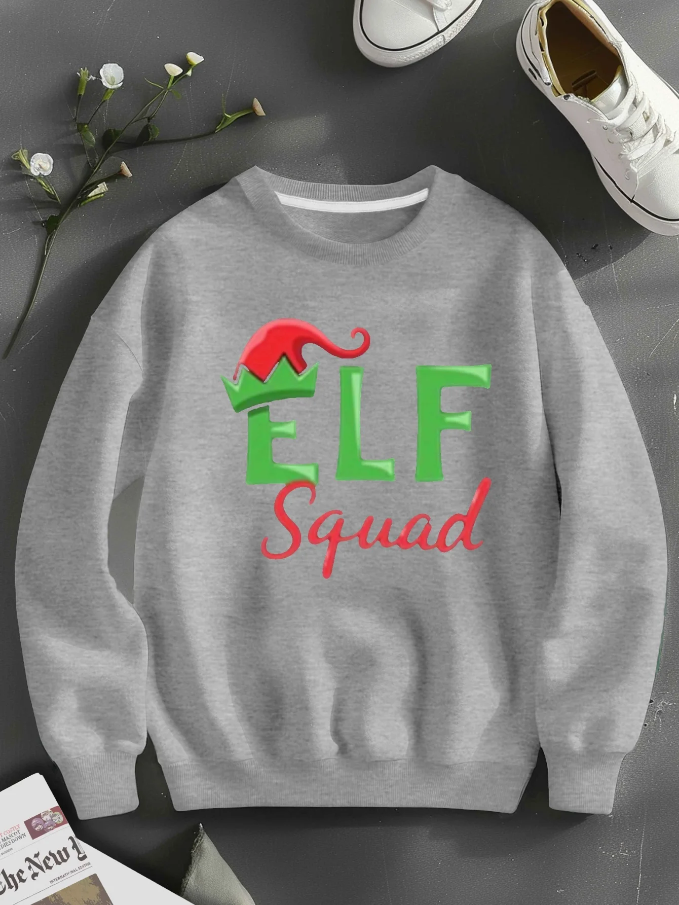 

Women's Plus Size Elf-Themed Sweatshirt - Grey Christmas Sweater with Elf Logo, Elf Hat & Sleigh Design, Casual Winter