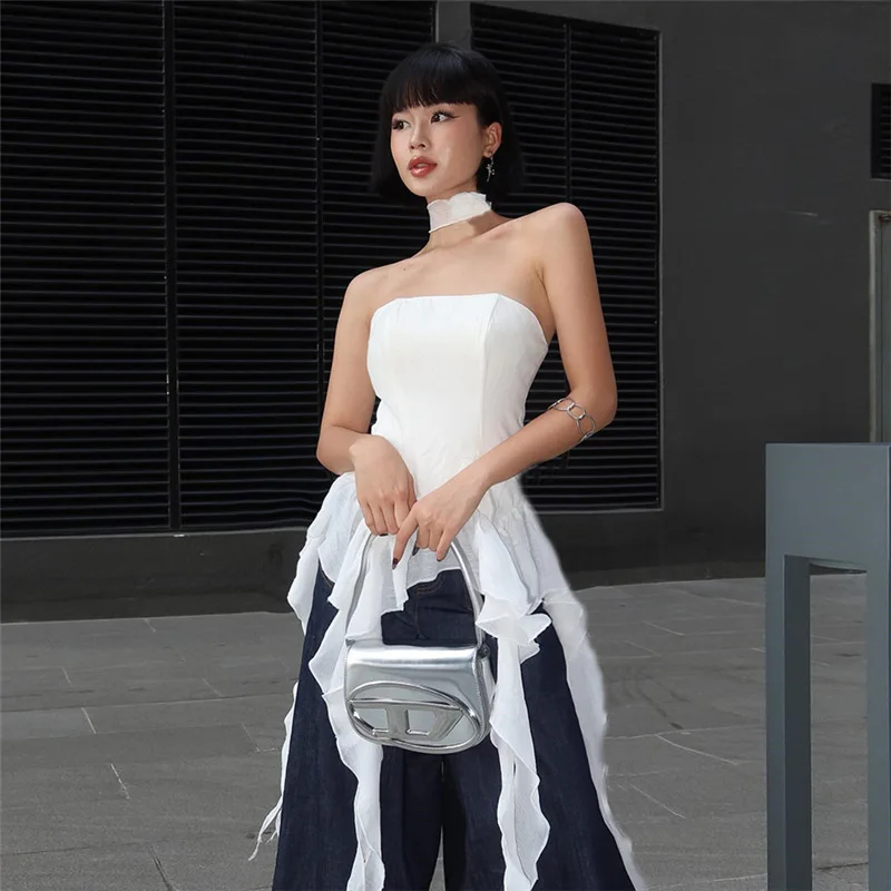 One Shoulder Solid Color Versatile White Tank Fop for Women Summer Fashion Slim Fitting Tassel Bra