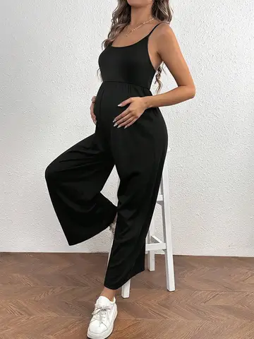 Black Summer Casual Stretch Versatile Sports Maternity Jumpsuit with Suspenders