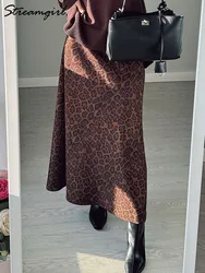 Falda larga de gamuza con estampado de leopardo para mujer, faldas largas Vintage, línea A, marrón, cálidas, invierno, otoño, faldas largads para mujeres