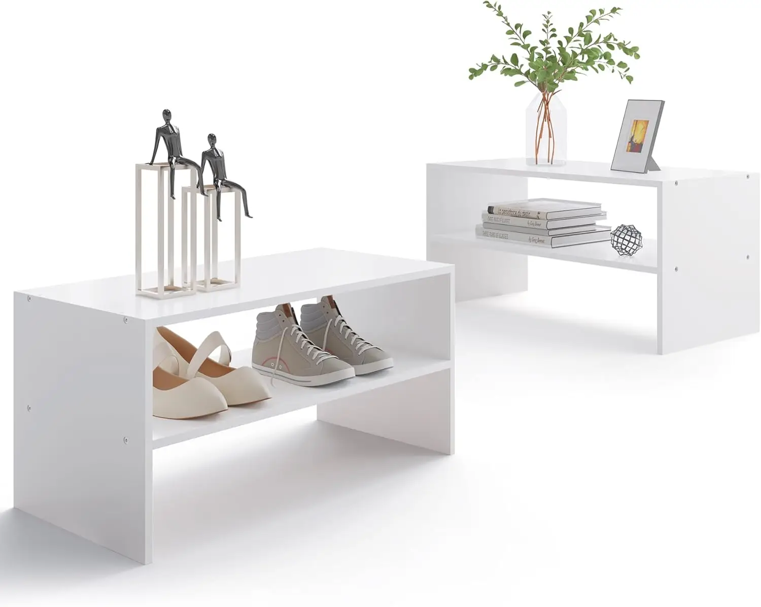 

2 layer stackable white shoe rack, wooden 2 layer shoe rack, can hold 6-9 pairs, white (1 pack of 2