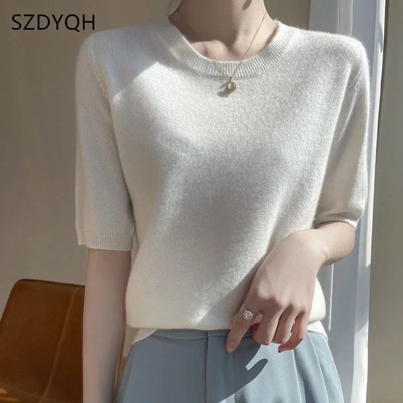 Women 100% Cashmere Sweater T-shirt 2023 New Short Sleeve Pullover Spring O-Neck Basic Jumper For Female Soft Shirt Girl Clothes