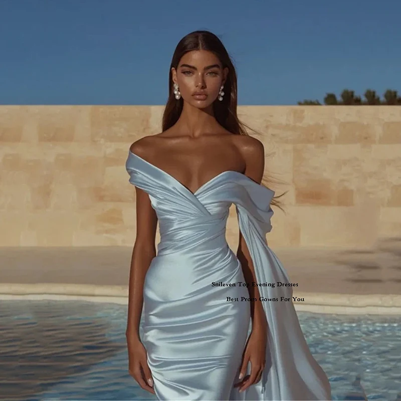 

Smileven Chic Pastel Blue Cocktail Dress Off The Shoulder draped Design Flattering Ruched Bodice Evening Prom Dress Customized