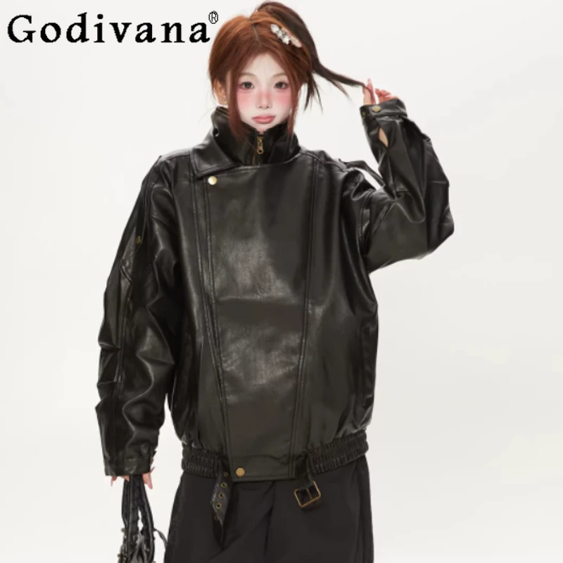 

2XL Spring Autumn New Korean Fashion Cool Stand-up Collar Leather Jacket Women Chic Loose Versatile Zipper Long Sleeve Pu Coats