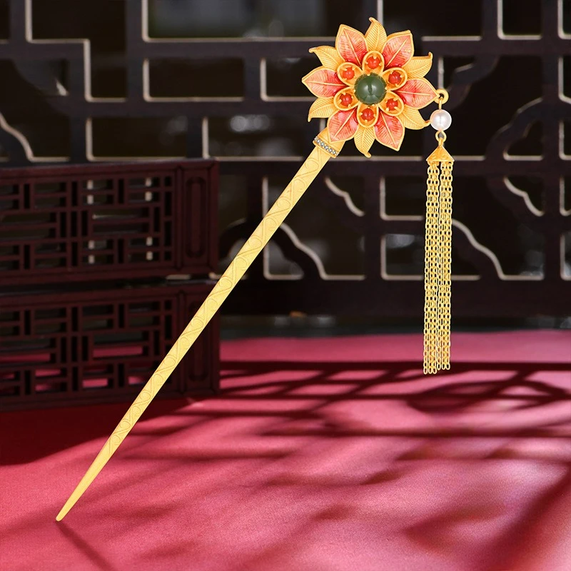 

S925 Sterling Silver Natural Hetian Jade Hairpin - Vintage Palace Style Gemstone Fringe Hair Stick