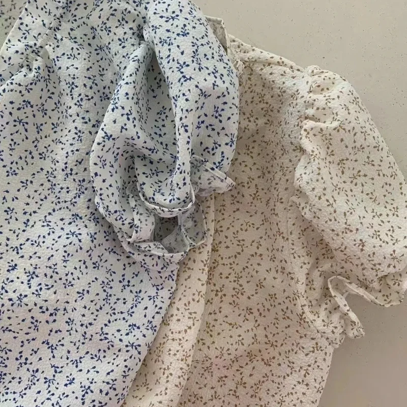 2024 New Summer Korean Version Fashionable and Sweet Short Sleeved Blouses Round Neck Printed Pleated Button Women's Shirt Top