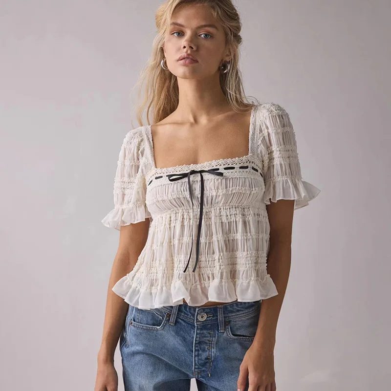 Withered 2026 Summer Sweet Square Collar Cable Tie Color Contrast Ribbon Ruffle Bubble Sleeve Top Woman Clothes Shirts
