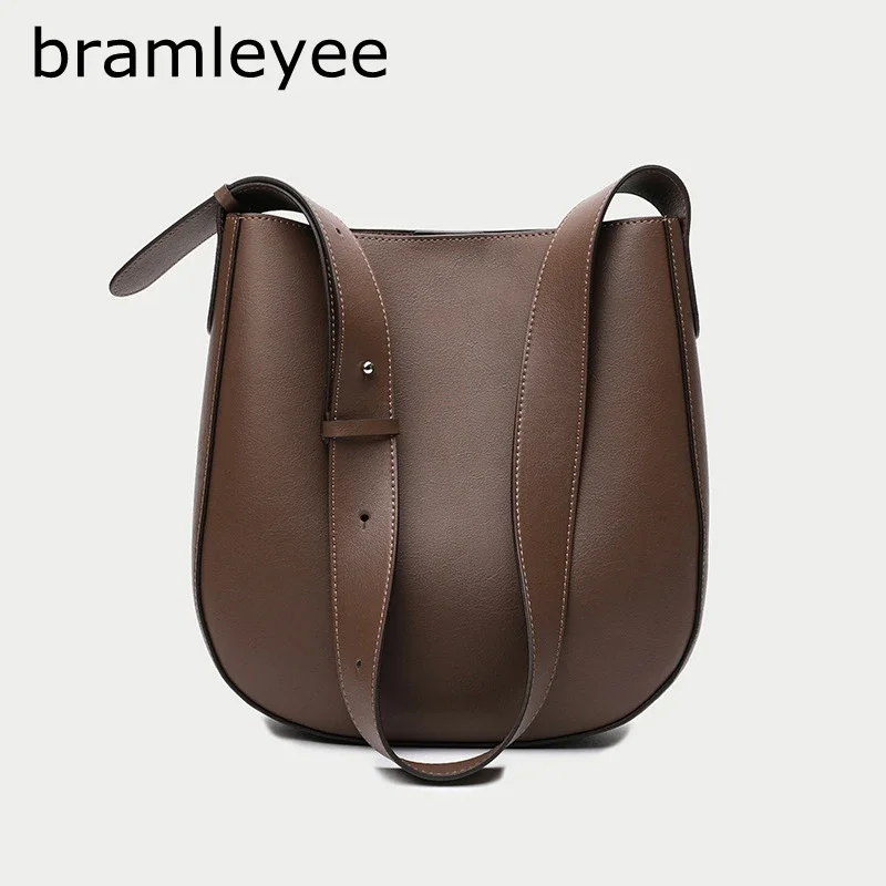 Minimalist Japan Korean Style Solid Color Bucket Tote Dark Brown Cowhide Leather Women Shoulder Bag Winter Luxury Crossbody Bag