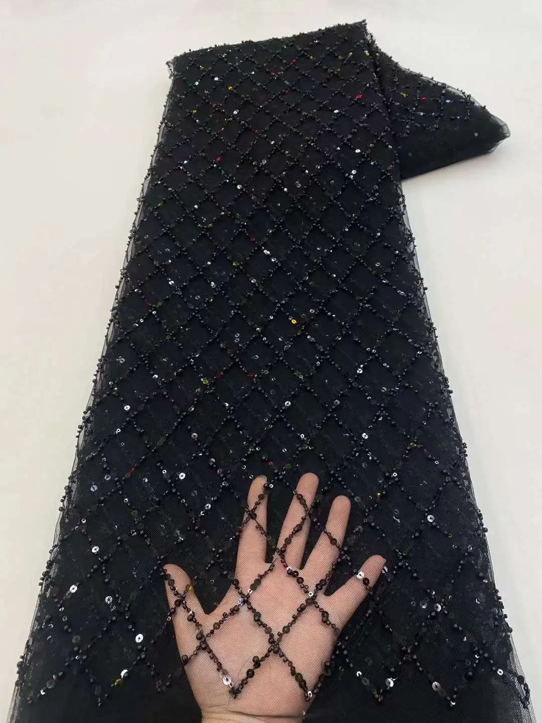 5 Yards Luxus High-End Perlen Stoff schwere Pailletten Stickstoff Mode Französisch Tüll Mesh Spitze Stoff für die Hochzeit