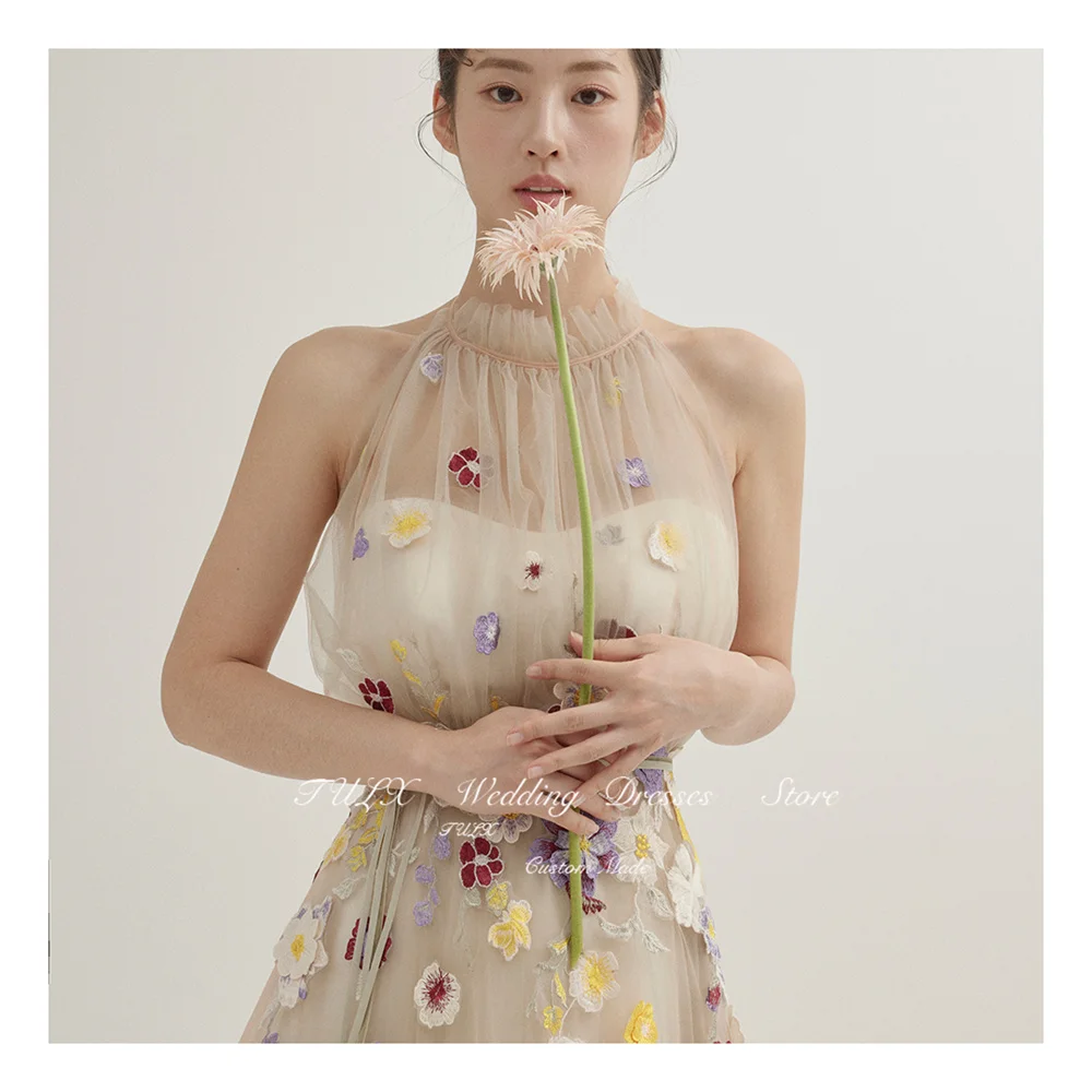 TULX-vestido de princesa de encaje con cuello redondo para mujer, vestido de novia largo de tul con diseño de Hada de Las Flores, foto, línea A, Corea, corsé, espalda, 웨레스 스