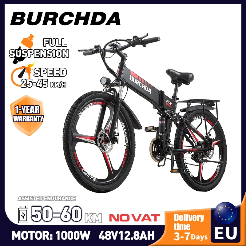 Vélos électriques BURCHDA R3 26 pouces pour adultes, 1000W, VTT électrique, 48V12.8AH, vélo électrique pliable tout-terrain, VTT