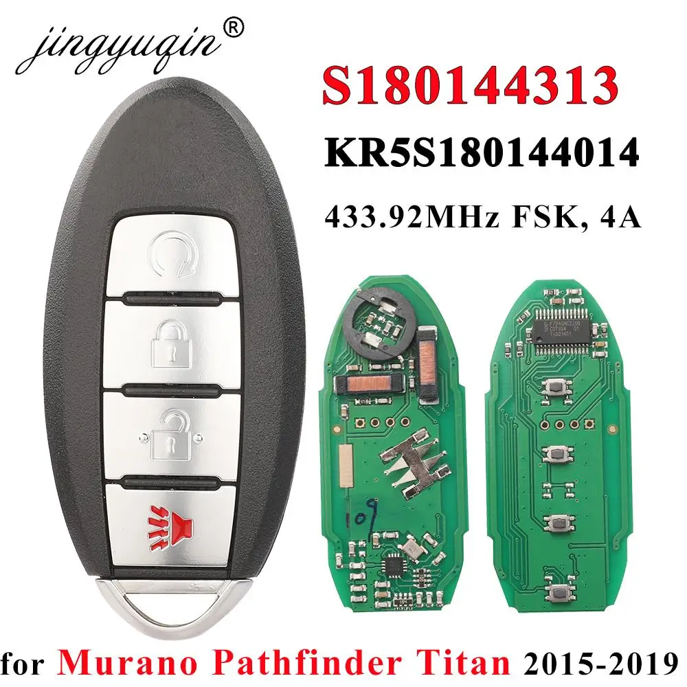 

jingyuqin S180144313 KR5S180144014 for Nissan Murano Pathfinder Titan 2015-2019 Smart Remote Car Key Fob 4 Buttons 433.92MHz 4A