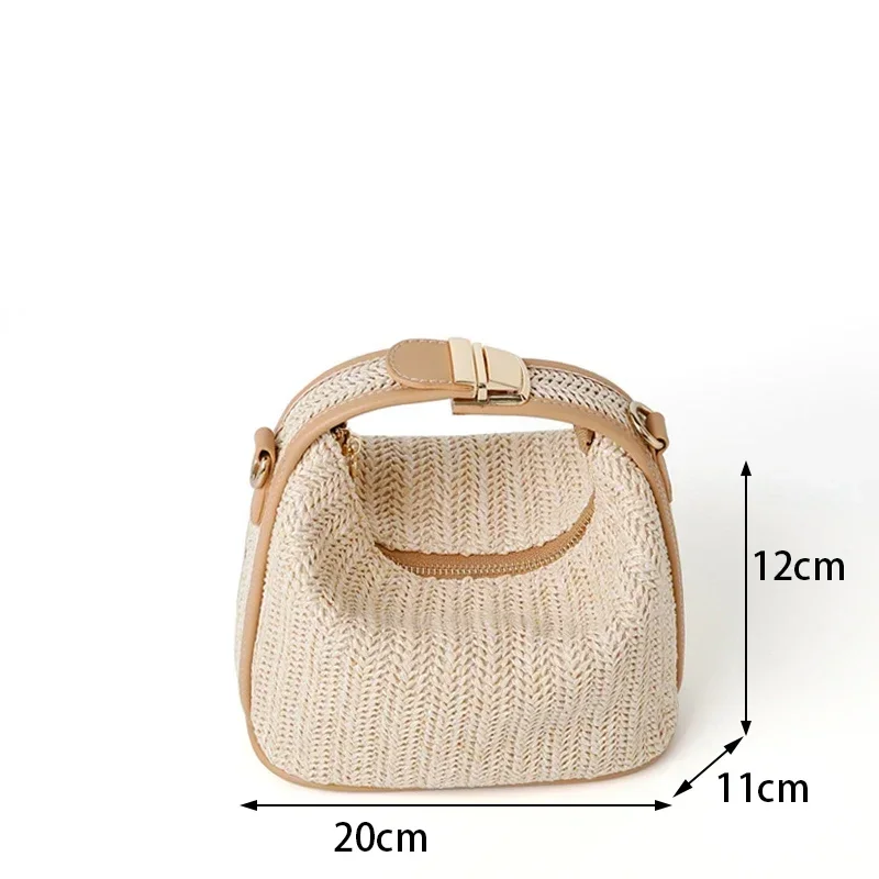 Summer Woven Bucket Bag Small Straw Handbags Large Capacity Trendy Single Shoulder Bag Adjustable Strap Girls Casual Tote Bag