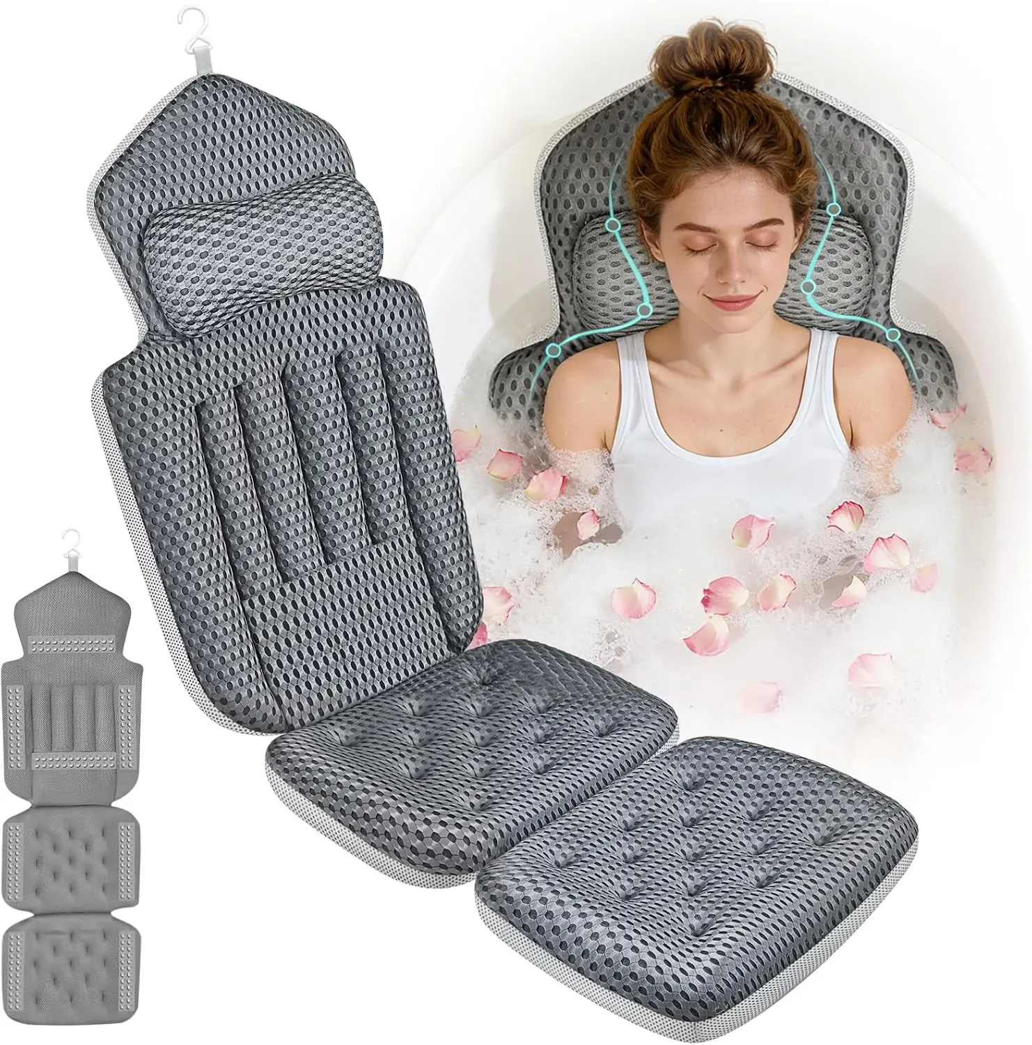 

Full Body Bath Pillow for Bathtub with 192 Suction Cups, 53x16 inch Head Neck Shoulder Support, 4D Air Mesh, Dark Gray