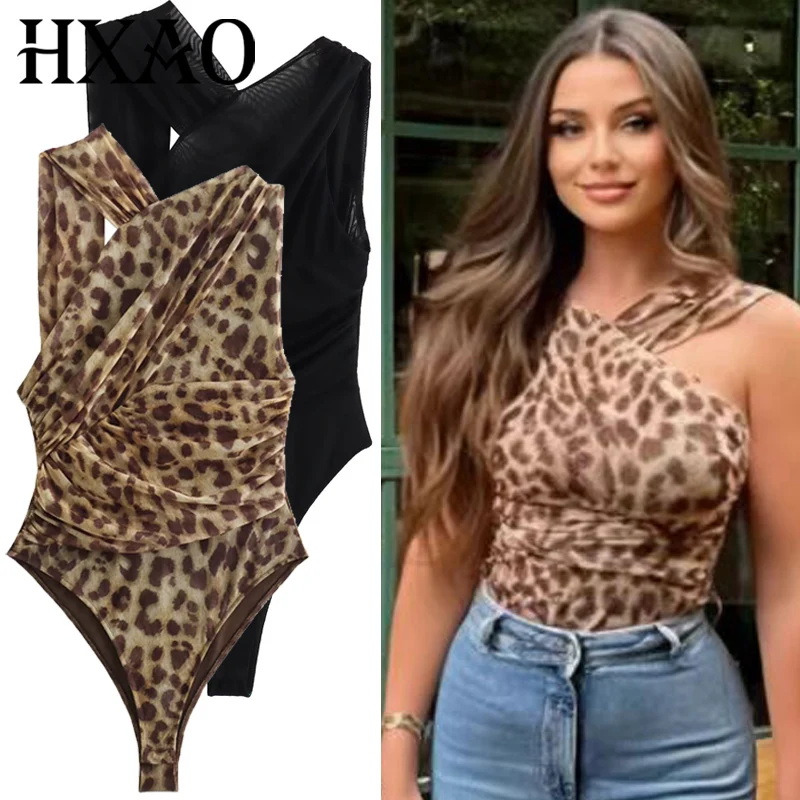 HXAO Leopard Mesh Bodysuit Women Summer 2025 Asymmetric Body Sexy Women Tops Tulle Sleeveless Backless Slimming Thong Bodysuits