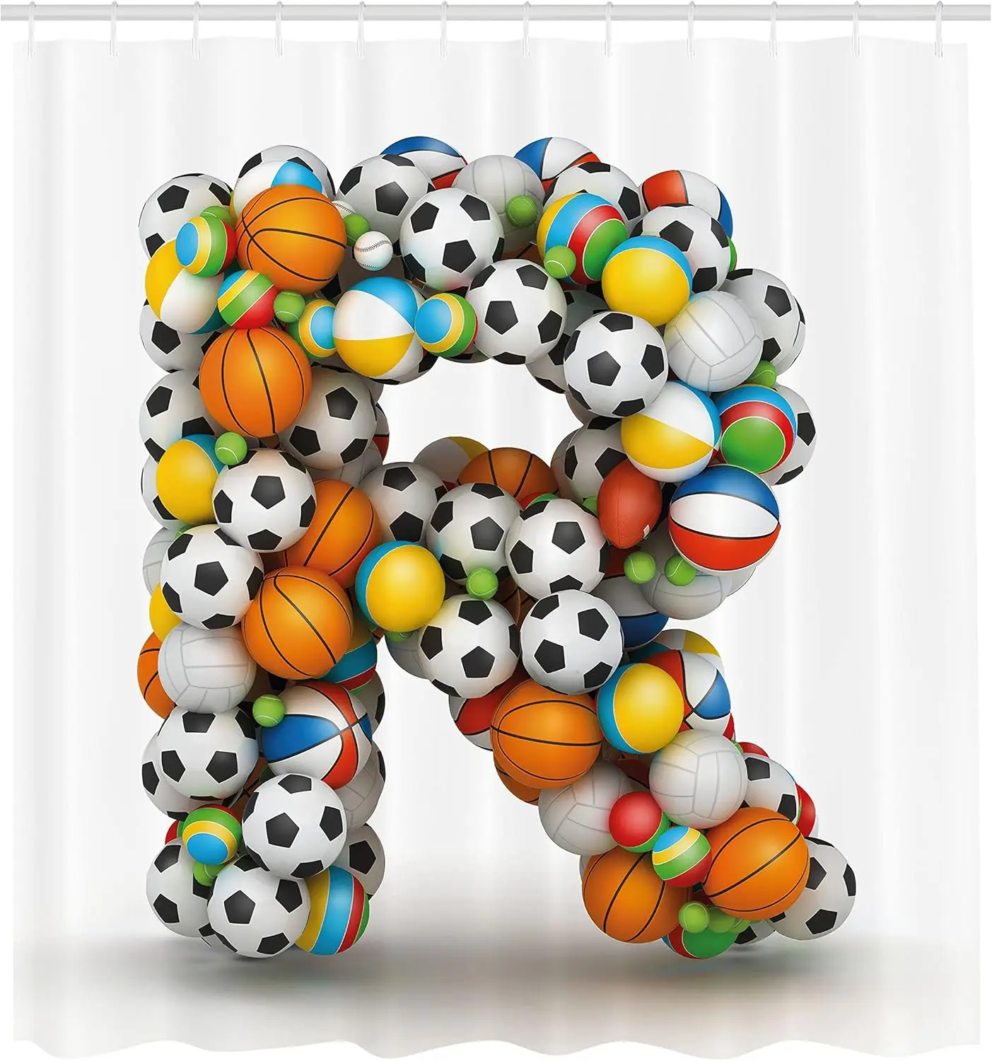 Sports Ball Alphabet R Shower Curtain Colorful Balls Football Basketball Design Kids Room Decor Playful Artistic Bath Linen Item